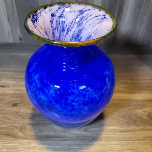 Hand Blown Glass Vase Vibrant Blue White Speckled Yellow Brim Art Glass - Picture 5 of 13